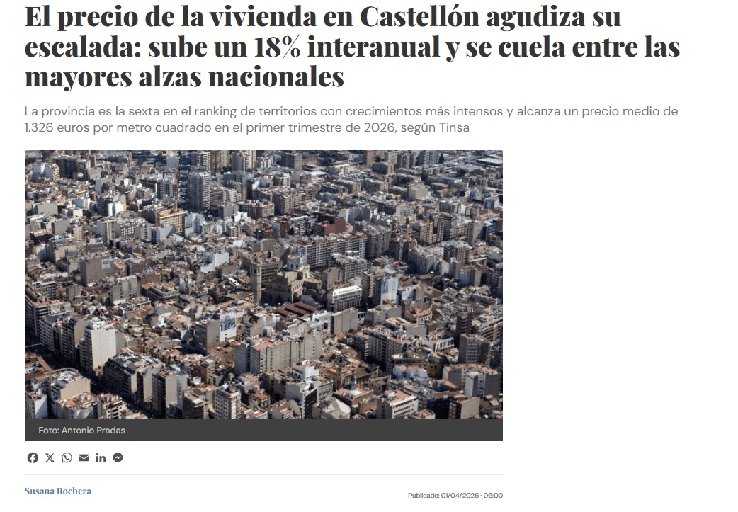 El precio de la vivienda en Castellón agudiza su escalada: sube un 18% interanual y se cuela entre las mayores alzas nacionales