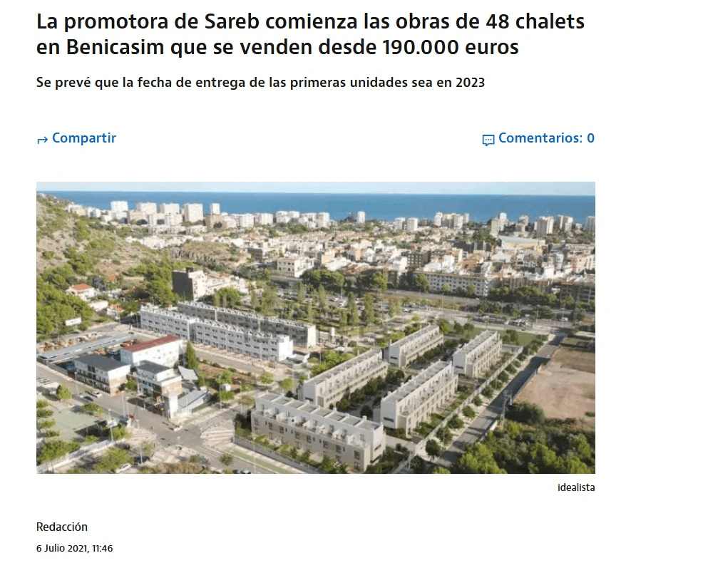 Sareb’s developer begins construction of 48 chalets in Benicàssim, which are sold from €190,000